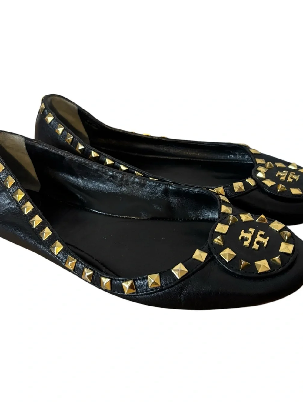 Tory Burch Studded Logo Ballet Flat Shoes Black Leather Size 8 M
